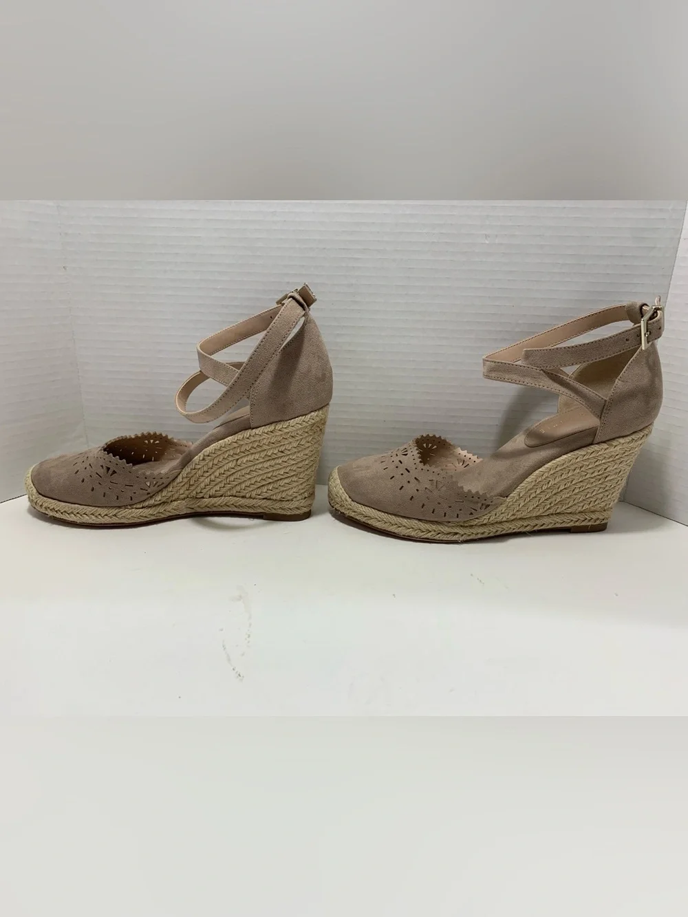 Kelly & Katie Taupe Ankle-Strap Espadrille Wedges